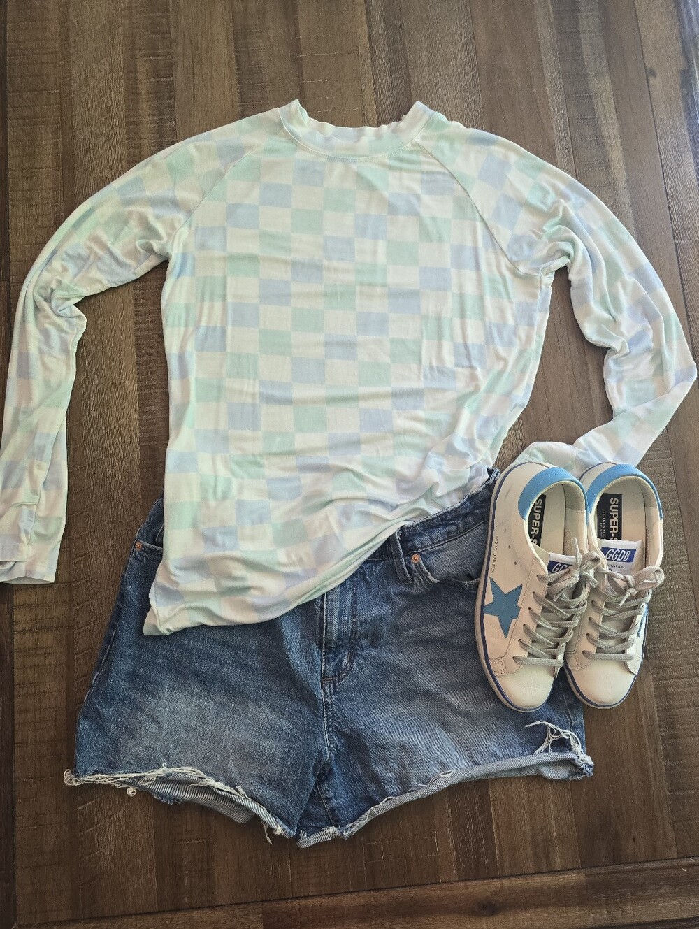 Michelle Mae Pastel Blue and White Plaid Top